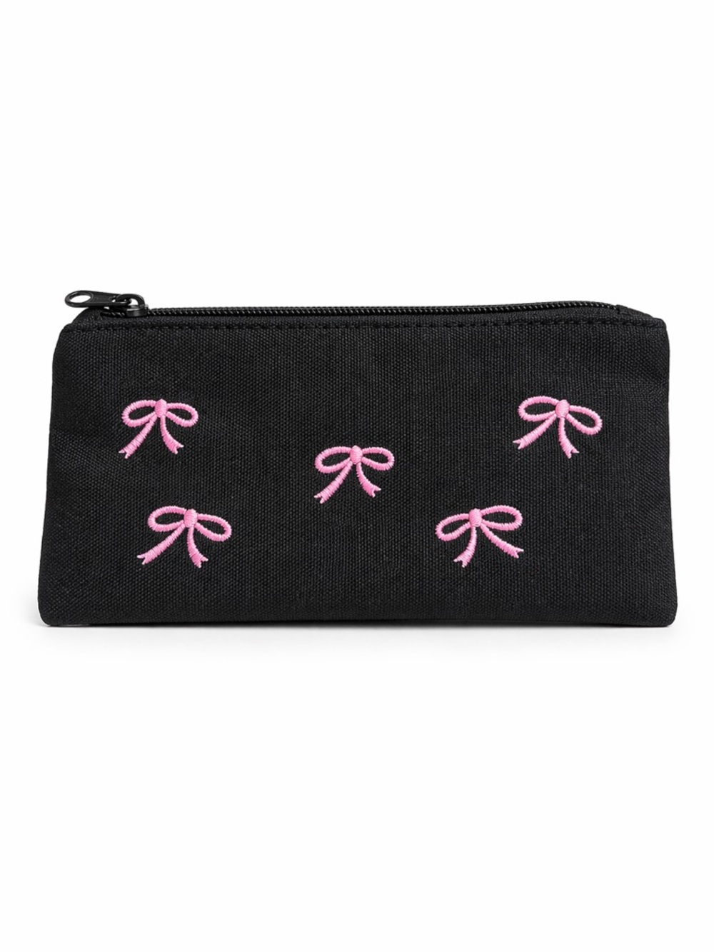 Black Canvas Zipper Pouch with Pink Bow Embroidery
